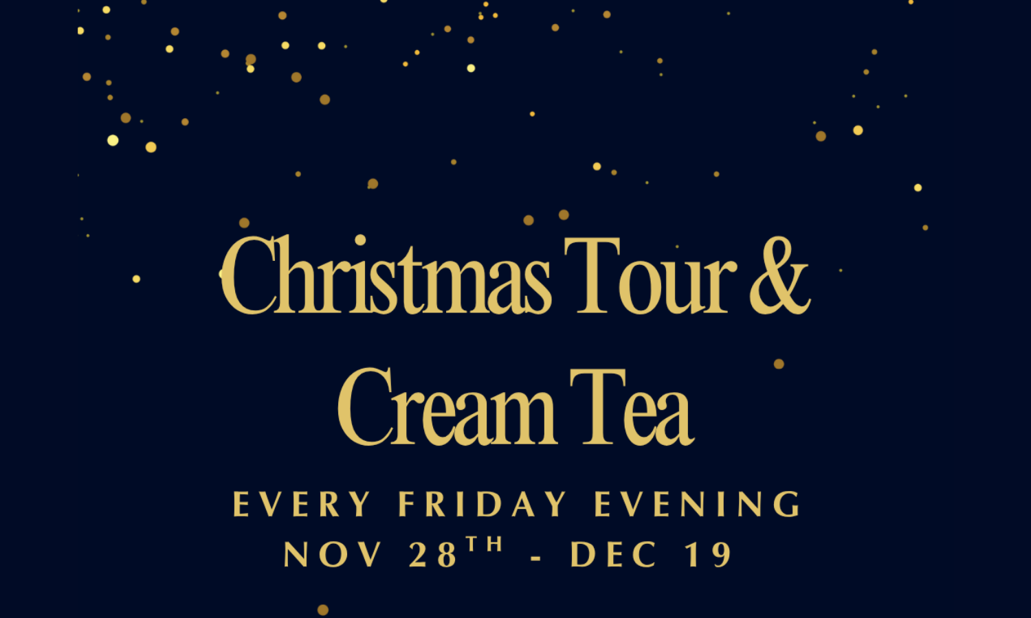 black graphic with event title with falling gold flecks